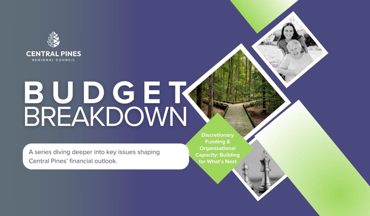 Central Pines Regional Council presents Budget Breakdown, a series on financial outlook. Images include a forest path, a person in a wheelchair with a caregiver, and chess pieces.
