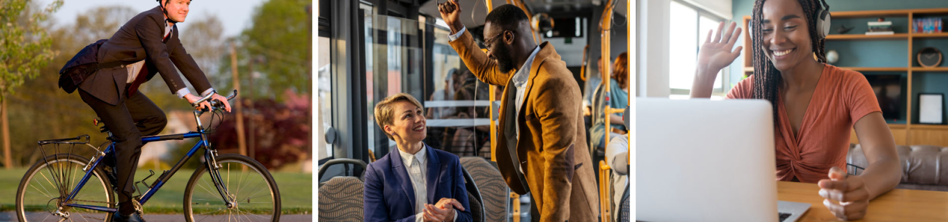 person riding a bike, two people talking on a bus, a woman having a virtual meeting