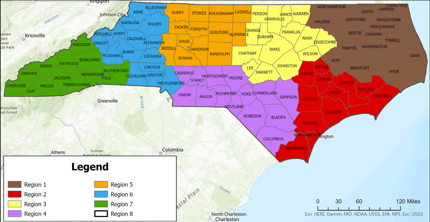 Map of North Carolina divided into 8 colored regions with a legend indicating Region 1 (brown) through Region 8 (white outline).